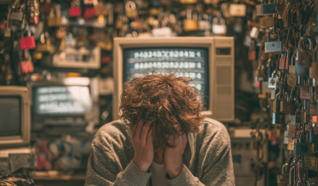 Stressed entrepreneur surrounded by padlocks and outdated monitors, symbolizing password overload and digital security risks
